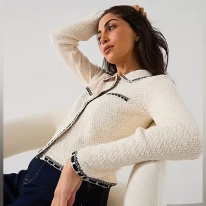 Urban Revivo off white ivory &amp; black textured knit cardigan with good buttons