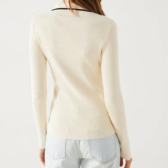 Urban Revivo Rib-knit contrast ivory off white, black trim button front cardigan
