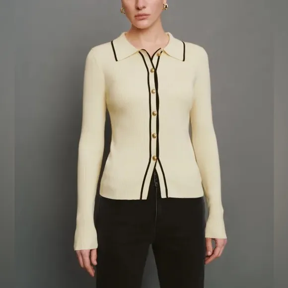 Urban Revivo Rib-knit contrast ivory off white, black trim button front cardigan