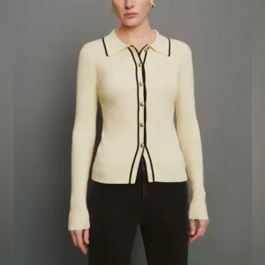 Urban Revivo Rib-knit contrast ivory off white, black trim button front cardigan