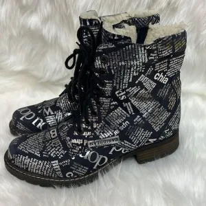 V-Italia Leather Navy and Silver News Paper Combat Boots Size 40-9.5/10 BIN 18