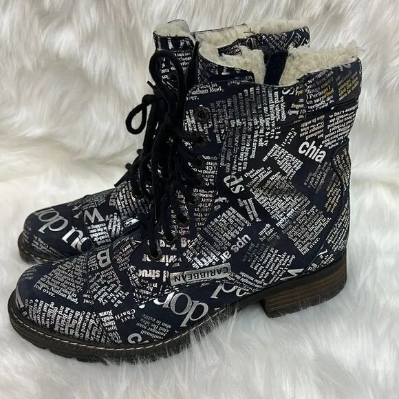 V-Italia Leather Navy and Silver News Paper Combat Boots Size 40-9.5/10 BIN 18