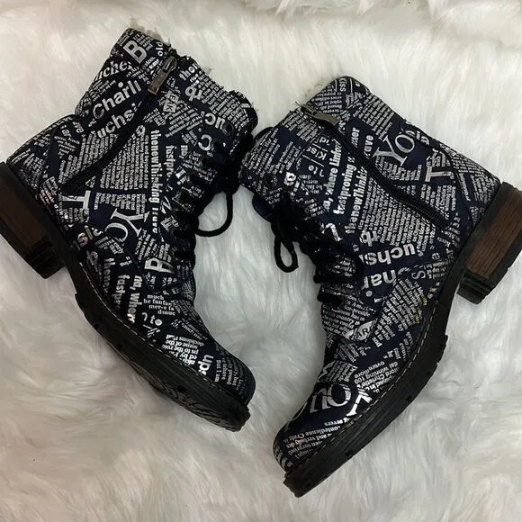 V-Italia Leather Navy and Silver News Paper Combat Boots Size 40-9.5/10 BIN 18