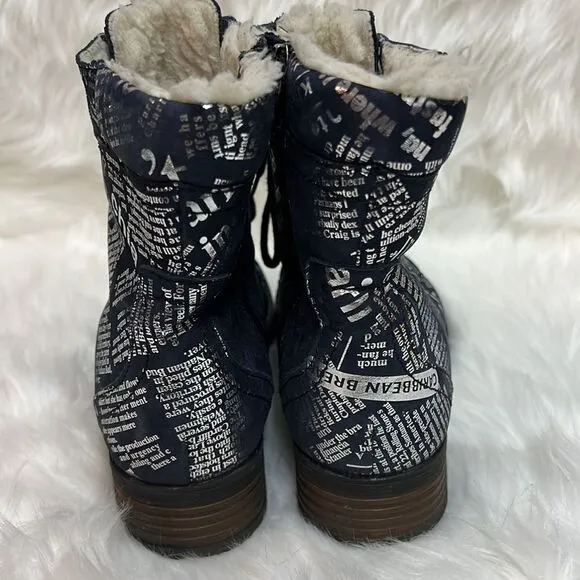 V-Italia Leather Navy and Silver News Paper Combat Boots Size 40-9.5/10 BIN 18