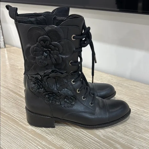 Valentino Floral Black Lace-Up Boots