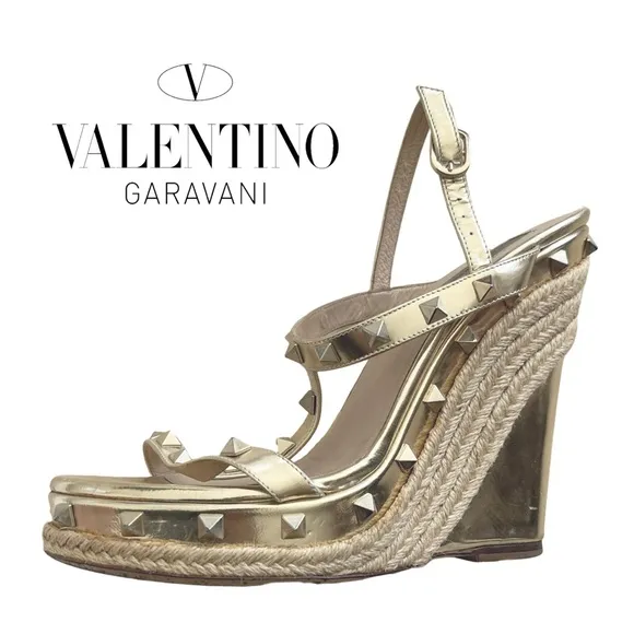 Valentino Garavani metallic Gold Rockstud Espadrille Wedges sz 39