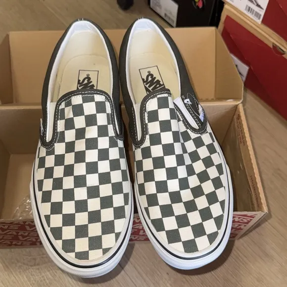 Vans charcoal  gray and White Checkered Slip-On Shoes