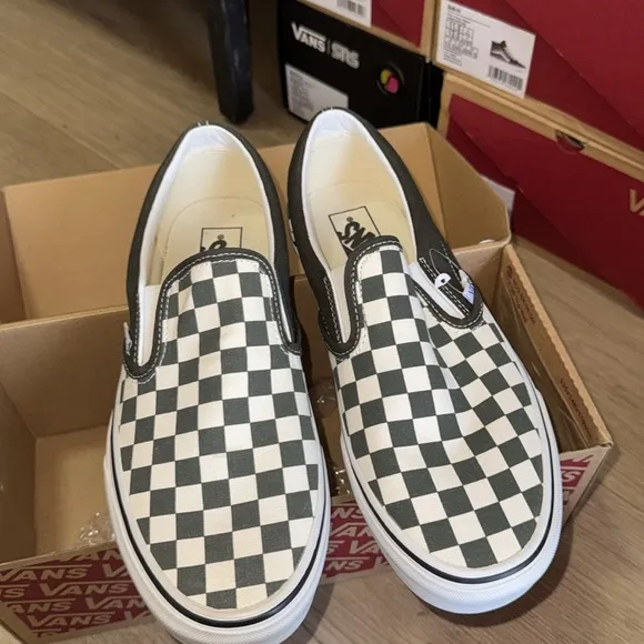 Vans charcoal  gray and White Checkered Slip-On Shoes