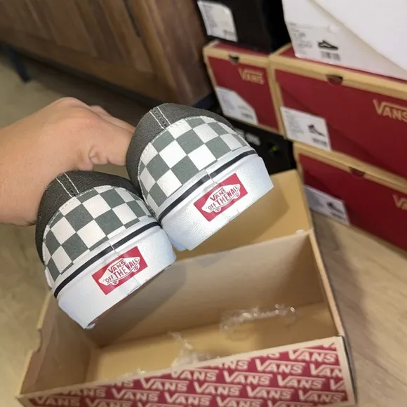 Vans charcoal  gray and White Checkered Slip-On Shoes