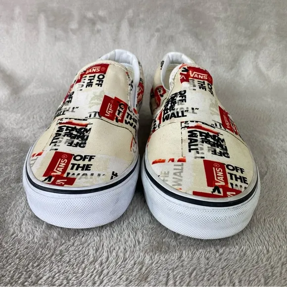 Vans Classic Packing Tape Mens Slip On Sneaker Skate Size 9 White Red Canvas NEW