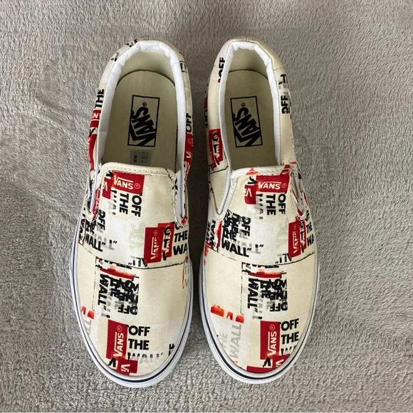 Vans Classic Packing Tape Mens Slip On Sneaker Skate Size 9 White Red Canvas NEW