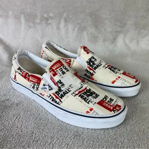 Vans Classic Packing Tape Mens Slip On Sneaker Skate Size 9 White Red Canvas NEW