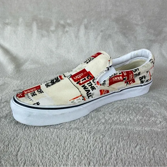 Vans Classic Packing Tape Mens Slip On Sneaker Skate Size 9 White Red Canvas NEW