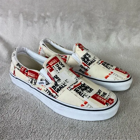 Vans Classic Packing Tape Mens Slip On Sneaker Skate Size 9 White Red Canvas NEW