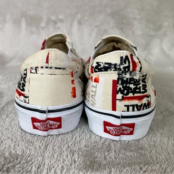 Vans Classic Packing Tape Mens Slip On Sneaker Skate Size 9 White Red Canvas NEW