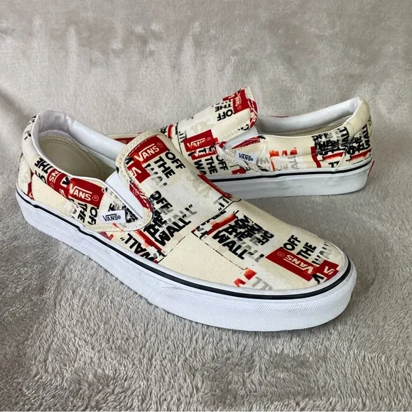 Vans Classic Packing Tape Mens Slip On Sneaker Skate Size 9 White Red Canvas NEW