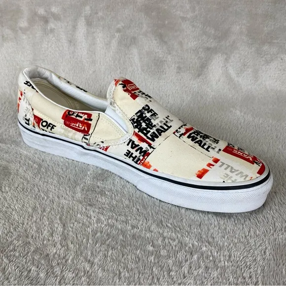Vans Classic Packing Tape Mens Slip On Sneaker Skate Size 9 White Red Canvas NEW