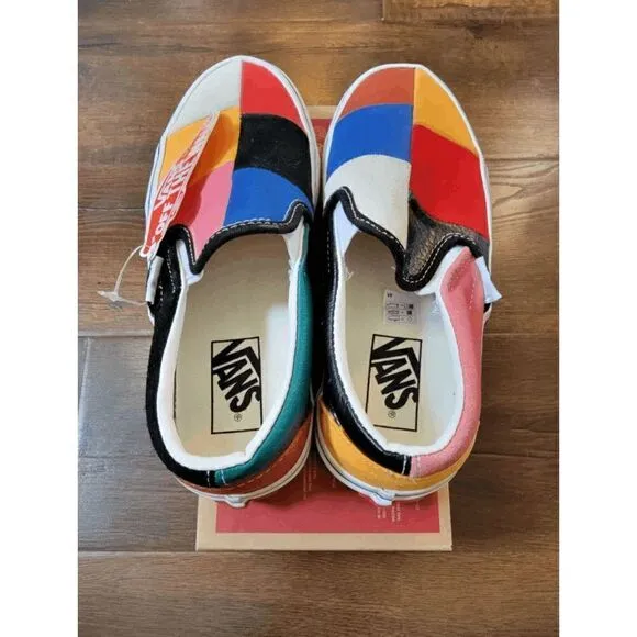 vans classic slip o patchwork multi tru whi women size 5/kids 3.5 fast shipping