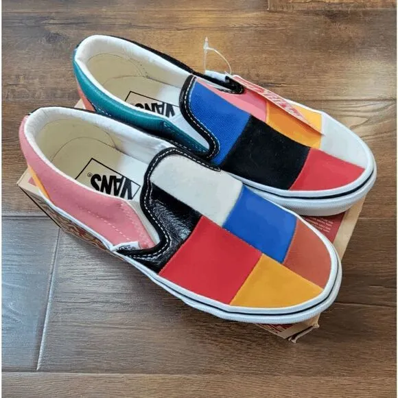 vans classic slip o patchwork multi tru whi women size 5/kids 3.5 fast shipping