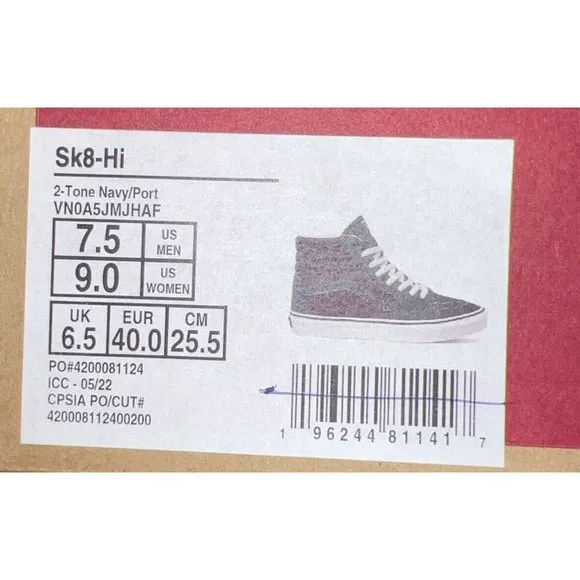 VANS Sk8-Hi 2-Tone Navy Blue Port Royale Mens Athletic Skate Shoes Size 7.5
