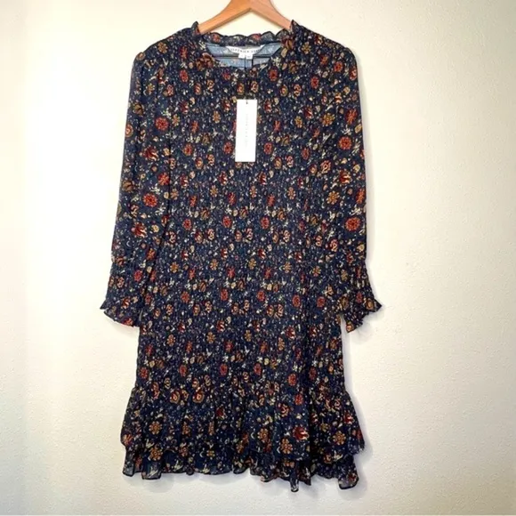 Veronica Beard Farah Shirred Ruffle Tier Sheath Dress, Ink Multi, size 12 NWT