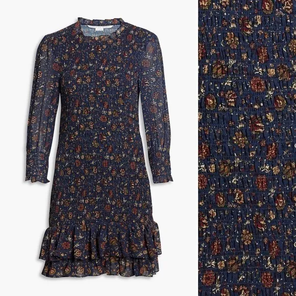 Veronica Beard Farah Shirred Ruffle Tier Sheath Dress, Ink Multi, size 12 NWT
