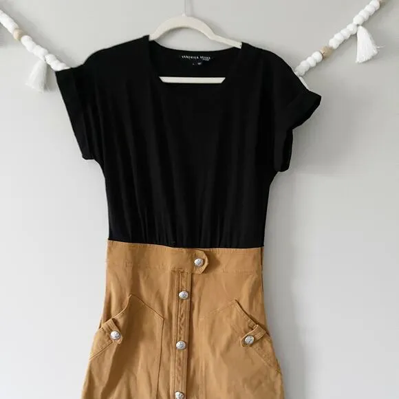 Veronica Beard Larsen Mixed-Media Midi Jeans Dress Twill Black Tan Size Small