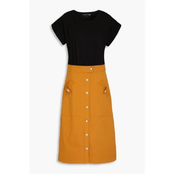 Veronica Beard Larsen Mixed-Media Midi Jeans Dress Twill Black Tan Size Small