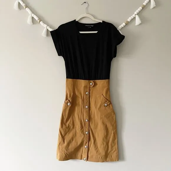 Veronica Beard Larsen Mixed-Media Midi Jeans Dress Twill Black Tan Size Small