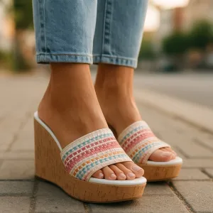 VERONICA BEARD SAKS FIFTH AVE MULTICOLOR PLATFORM WOVEN CORK WEDGE SANDAL SZ 7