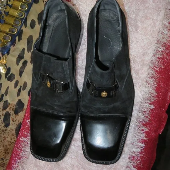 Versace Medusa Head Leather &amp; Suede Derby Oxford Loafers Black Dress Shoes 13