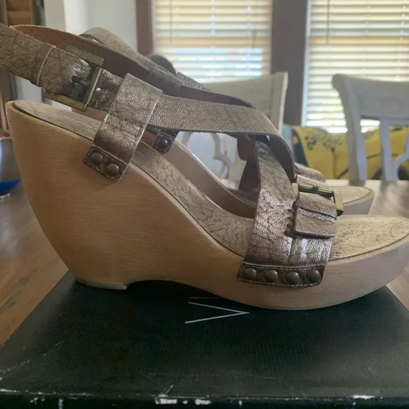 VIA SPIGA BORN Bronze Metallic Leather‎ Designer Wedges Sandals size 9.5