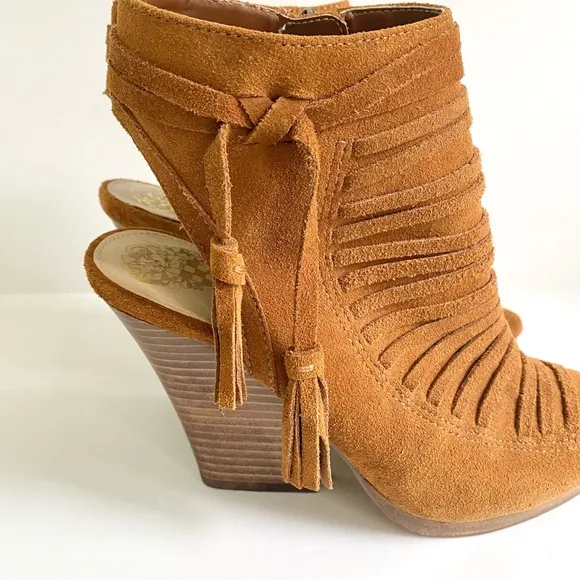 Vince Camuto Janessa Genuine Leather Suede Ankle Wedge Sandals Cognac Brown 7