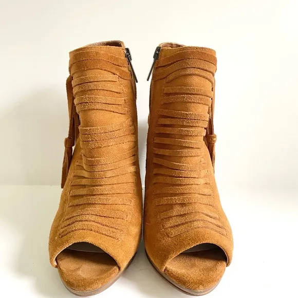 Vince Camuto Janessa Genuine Leather Suede Ankle Wedge Sandals Cognac Brown 7