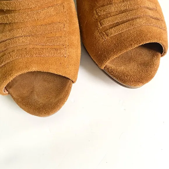 Vince Camuto Janessa Genuine Leather Suede Ankle Wedge Sandals Cognac Brown 7