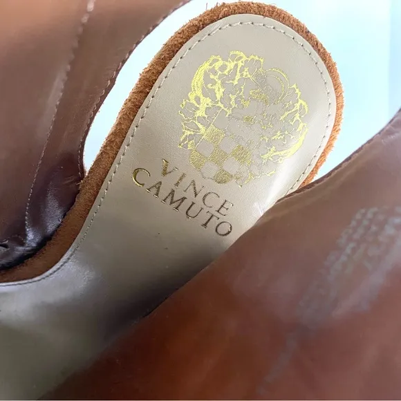 Vince Camuto Janessa Genuine Leather Suede Ankle Wedge Sandals Cognac Brown 7