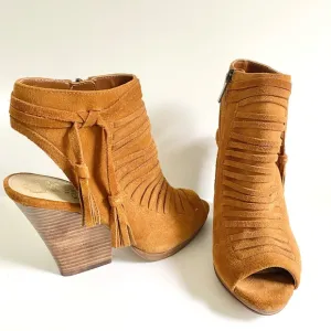 Vince Camuto Janessa Genuine Leather Suede Ankle Wedge Sandals Cognac Brown 7