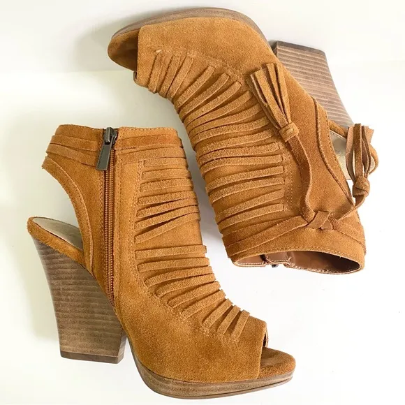 Vince Camuto Janessa Genuine Leather Suede Ankle Wedge Sandals Cognac Brown 7