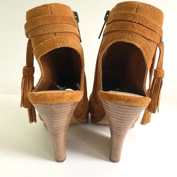 Vince Camuto Janessa Genuine Leather Suede Ankle Wedge Sandals Cognac Brown 7