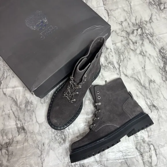 Vince Camuto Popinta Grey Suede Combat Boots NWT new in box size 8 punk goth