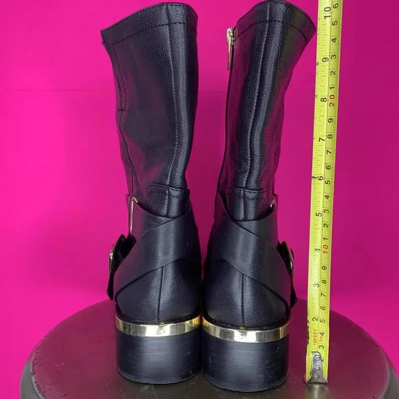 Vince Camuto Wethima Black Leather Crisscross Straps Mid Calf Moto Boot Sz 9