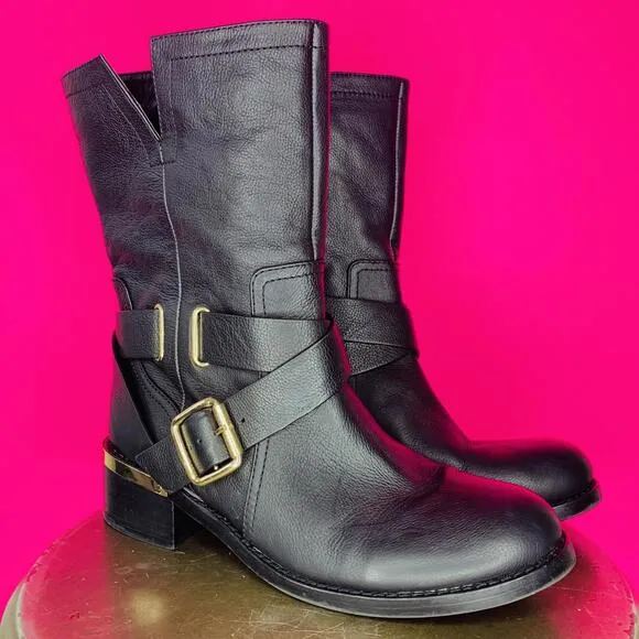 Vince Camuto Wethima Black Leather Crisscross Straps Mid Calf Moto Boot Sz 9