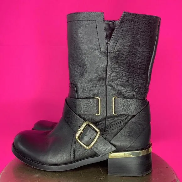 Vince Camuto Wethima Black Leather Crisscross Straps Mid Calf Moto Boot Sz 9