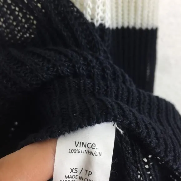Vince Linen White Navy Colorblock Open Knit Oversized Sweater XS Fisherman