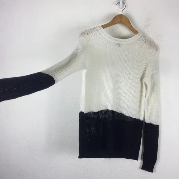 Vince Linen White Navy Colorblock Open Knit Oversized Sweater XS Fisherman