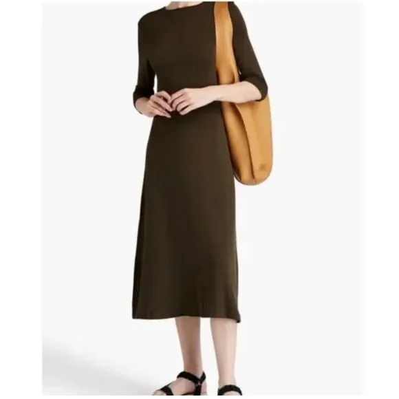 Vince Olive Green Stretch Jersey Midi Dress