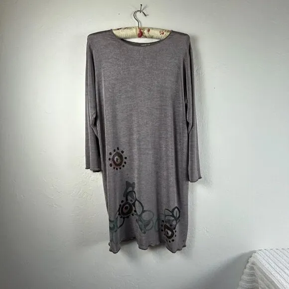 Vintage 1996 Blue Fish Hand Printed Top Long Sleeve Gray Stretch USA