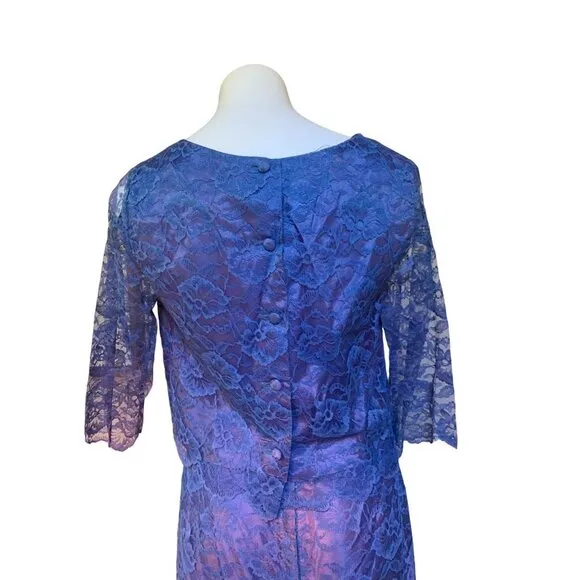 Vintage 50s Lace Skirt Suit Dress Matching Set Small Periwinkle Blue
