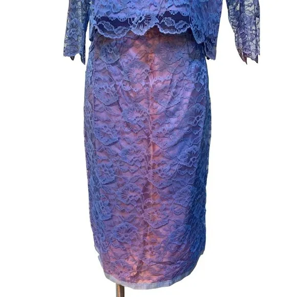 Vintage 50s Lace Skirt Suit Dress Matching Set Small Periwinkle Blue