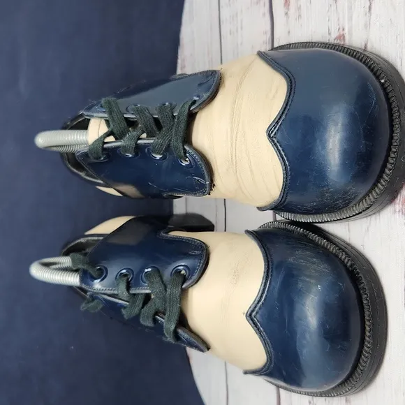 Vintage 70s Men's Disco Heeled Shoes Leather Lace-Up Blue Cream Size 8.5